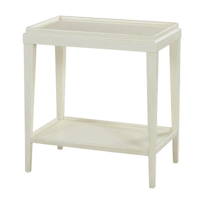 Small classic side table, drift white, angled view.