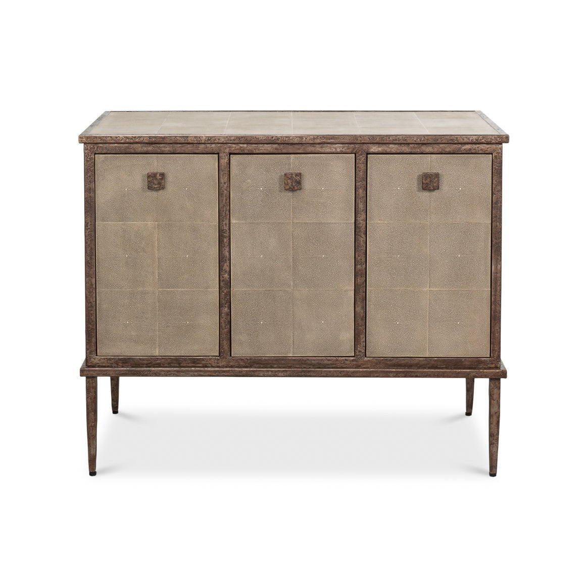 Front view of contemporary sideboard, showcasing three closed doors.