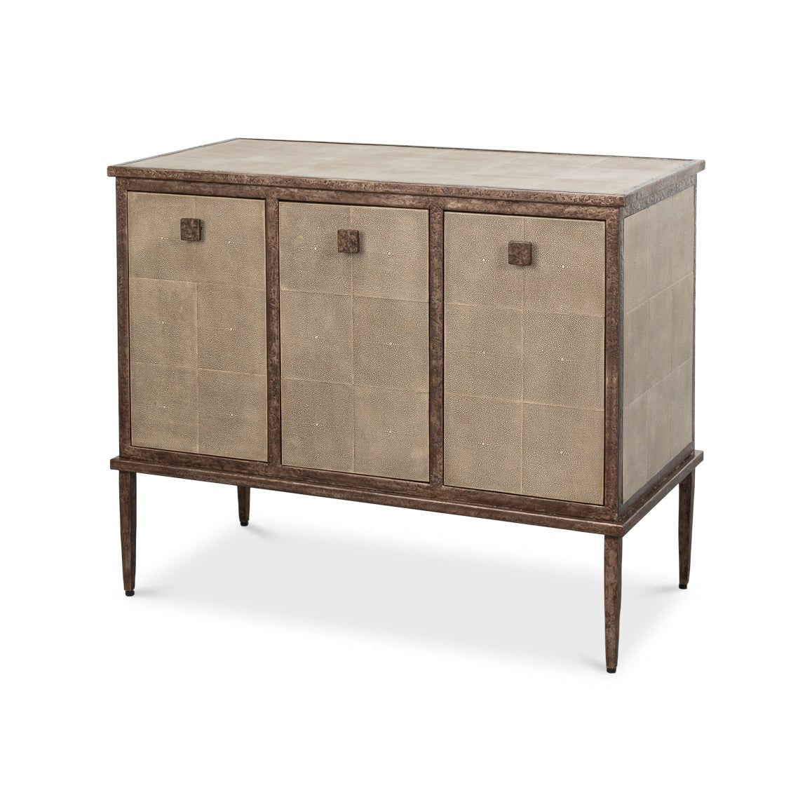Side view of small contemporary sideboard, three doors closed.