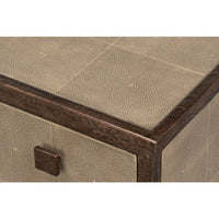 Close-up of sideboard corner detailing, textured surface visible.