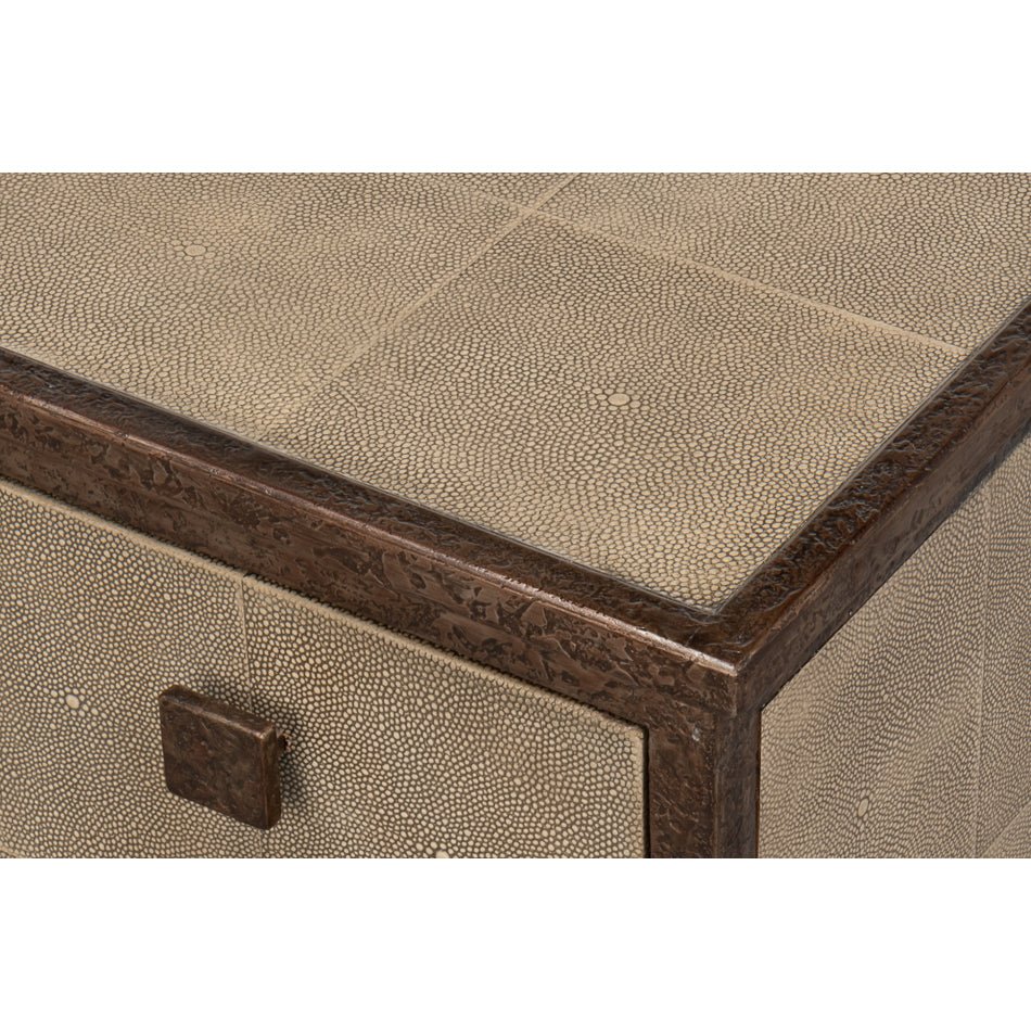 Close-up of sideboard corner detailing, textured surface visible.