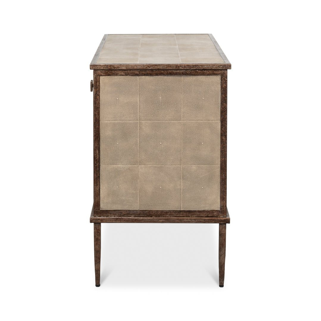 Side profile of contemporary sideboard, highlighting texture and finish.