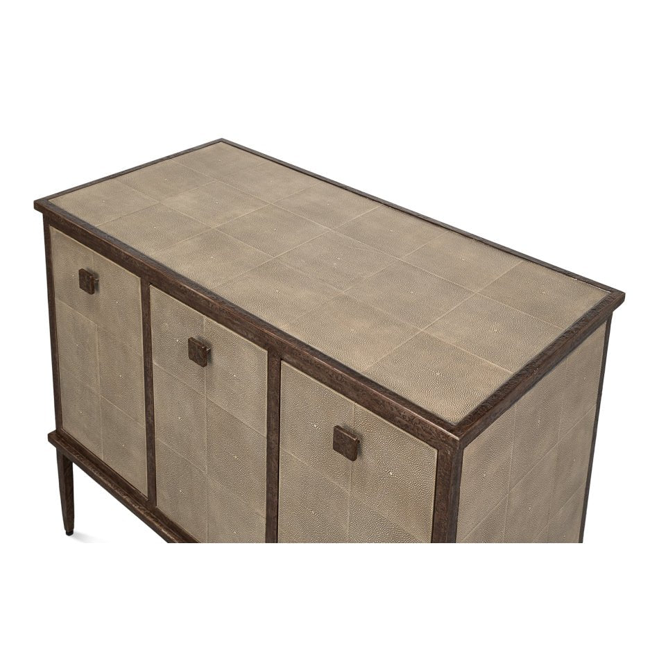 Top view of contemporary sideboard, emphasizing design and finish.