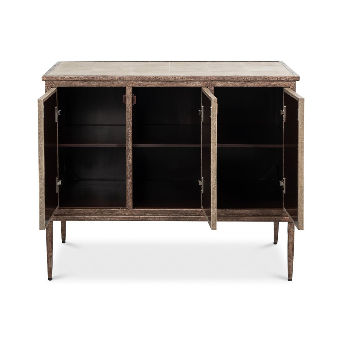 Interior view of opened contemporary sideboard with shelves.