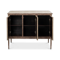 Interior view of opened contemporary sideboard with shelves.