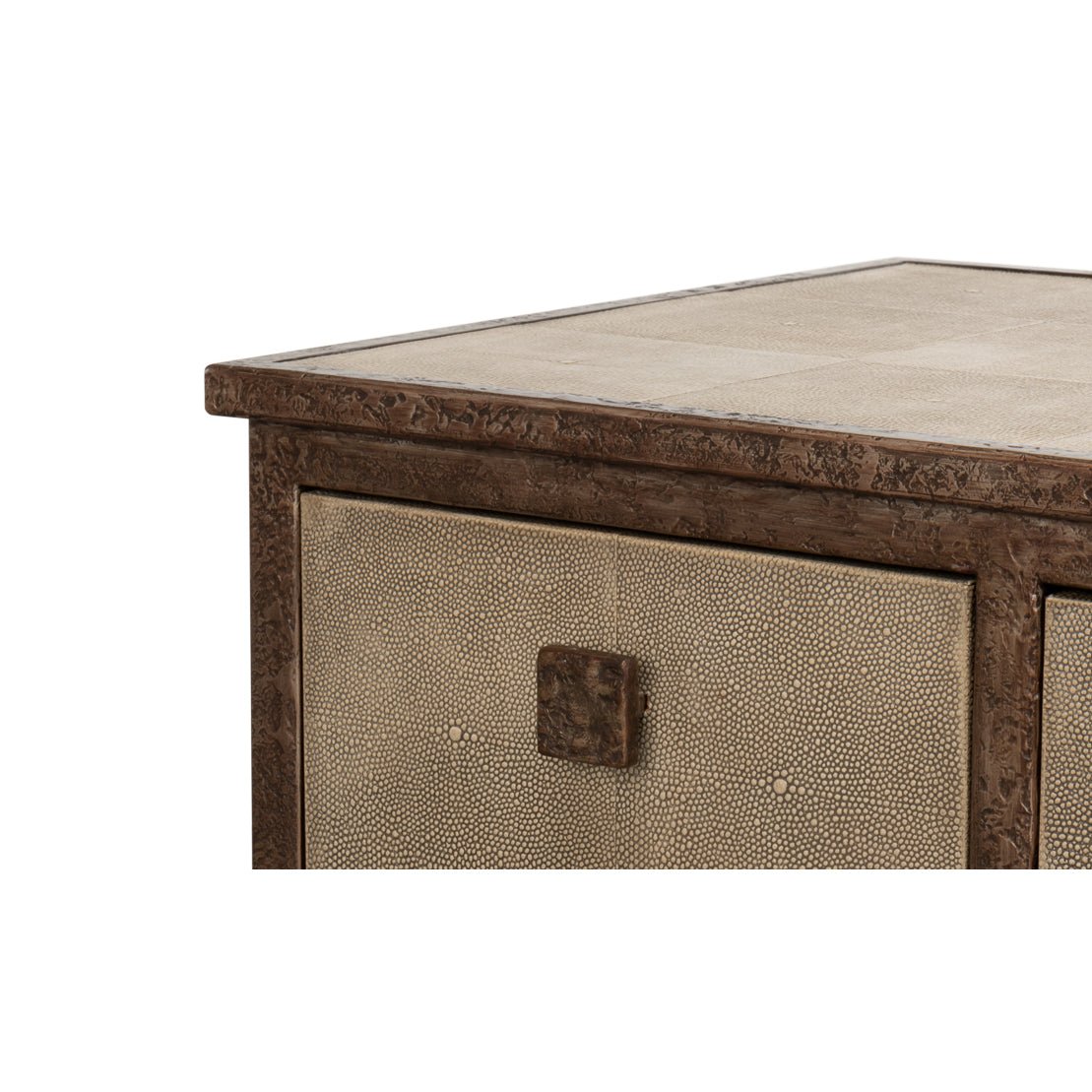 Detail of sideboard handle and texture, focusing on front.