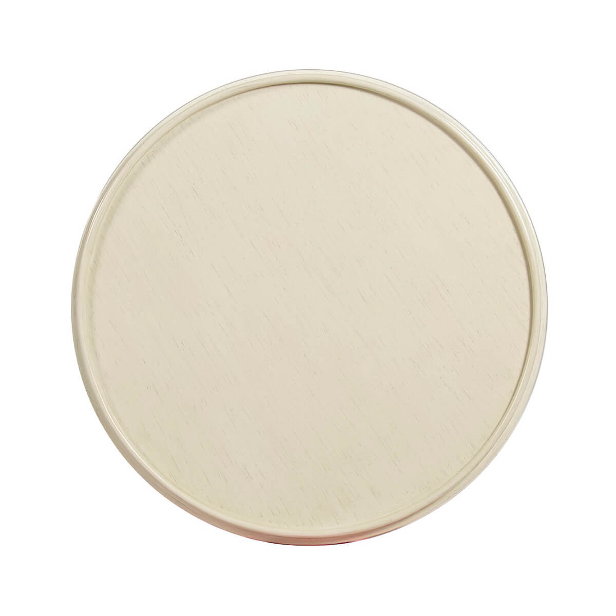 Top view of round end table, white surface.