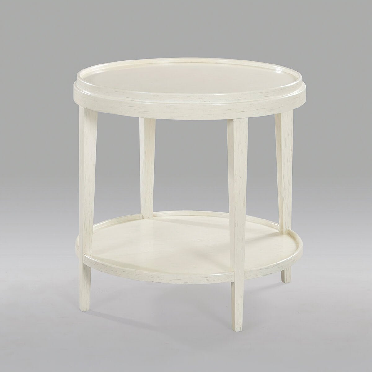 White round end table, angled view, classic design.