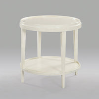 White round end table, angled view, classic design.