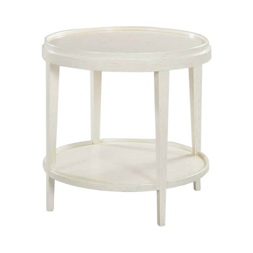Small round end table, full view, white finish.