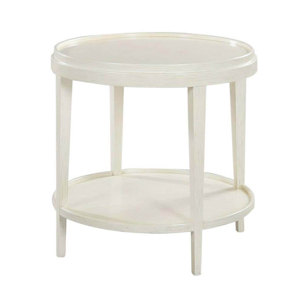 Small round end table, full view, white finish.