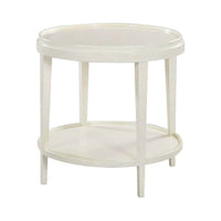 Small round end table, full view, white finish.