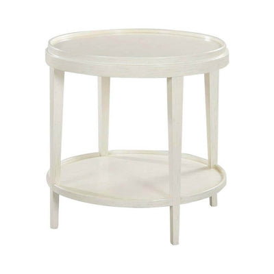 Small round end table, full view, white finish.