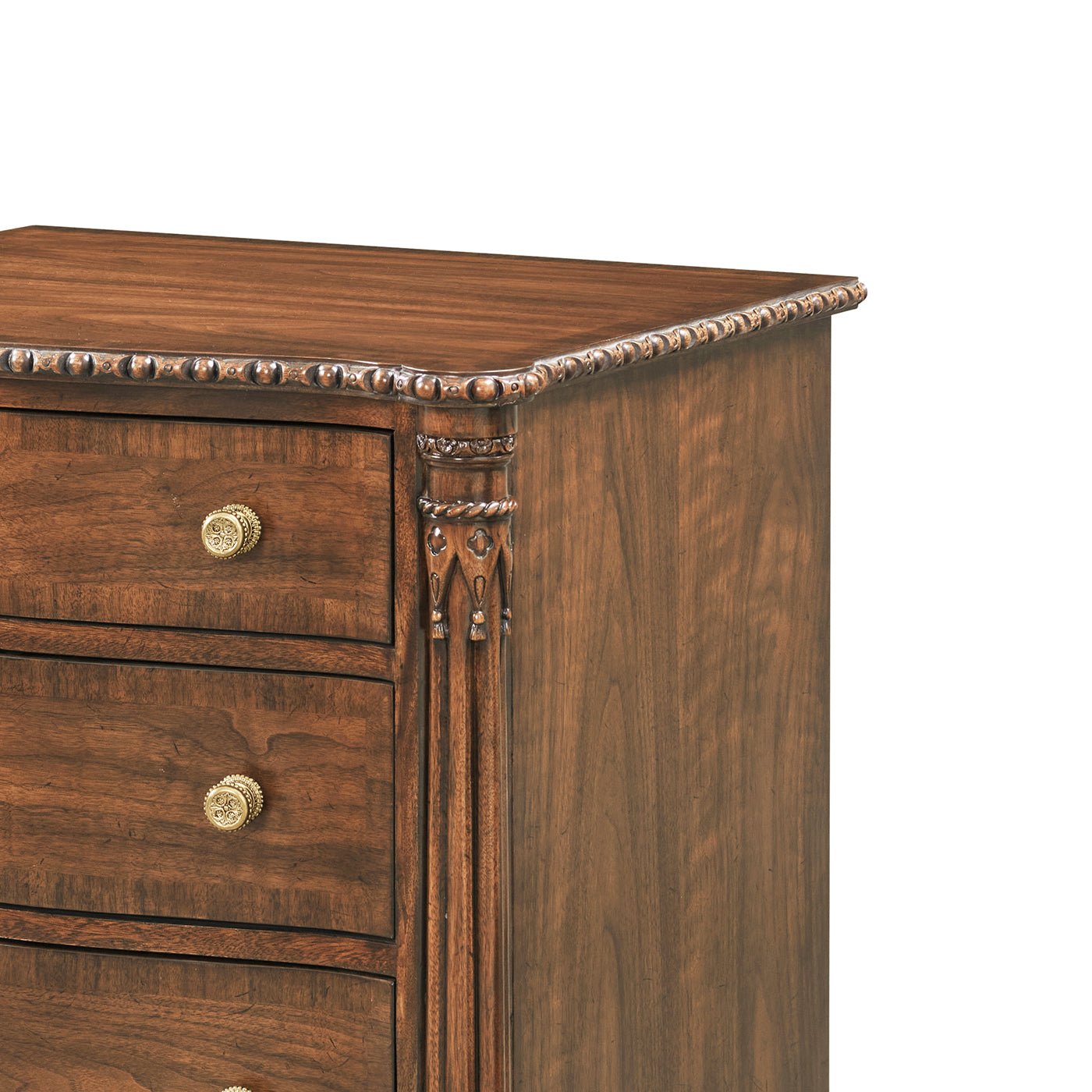 Close-up of intricate nightstand detailing on corner and top.