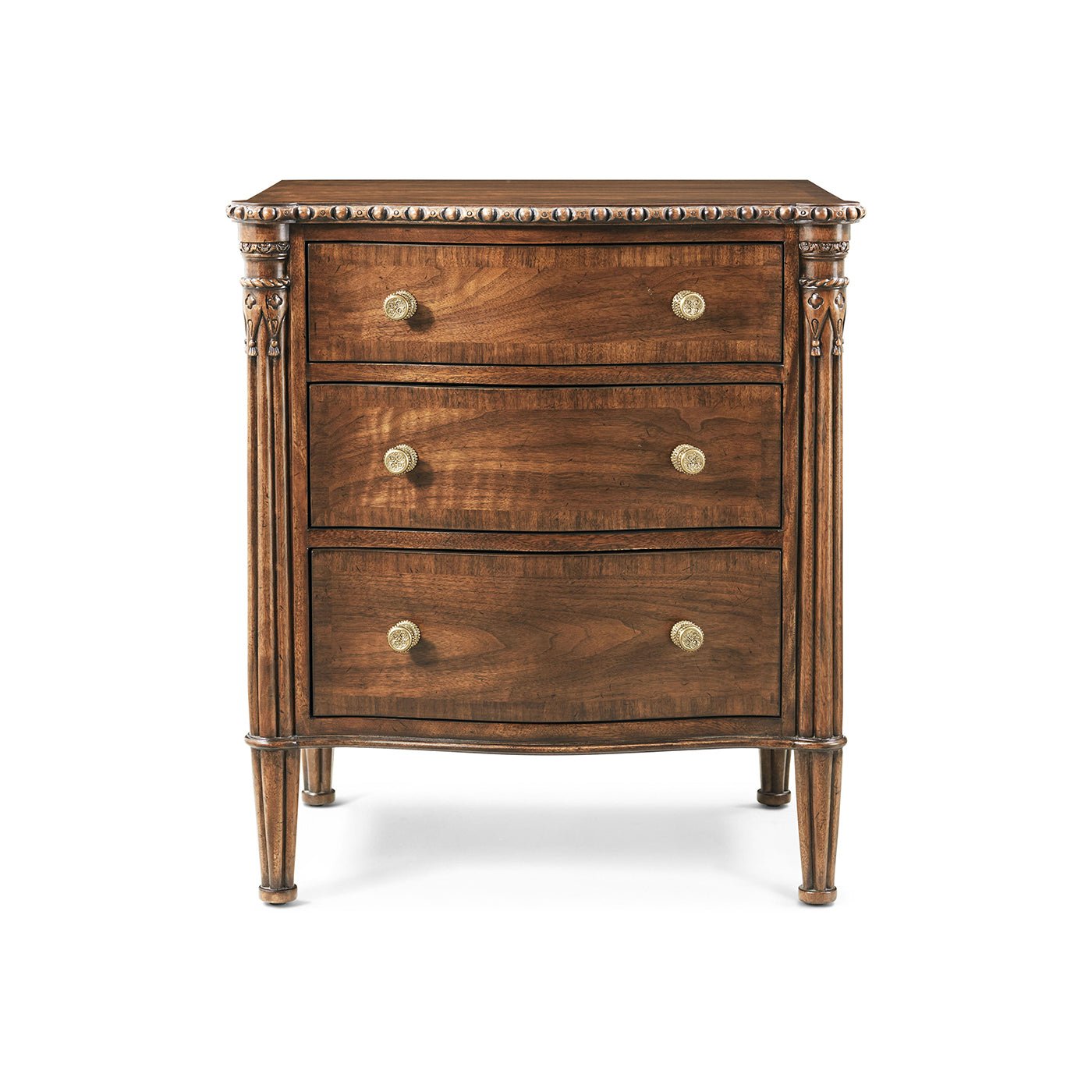 Front view of classic wooden nightstand with brass knobs.