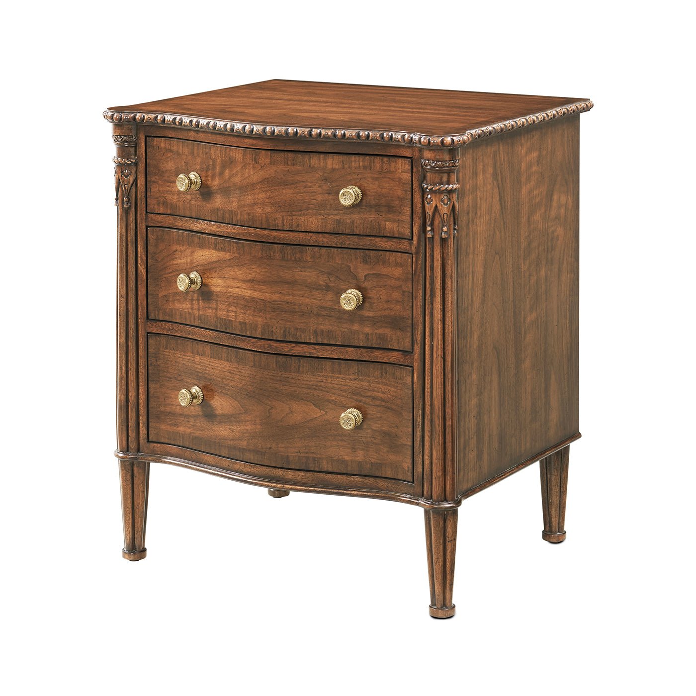 Elegant wooden nightstand with three drawers, angled view.