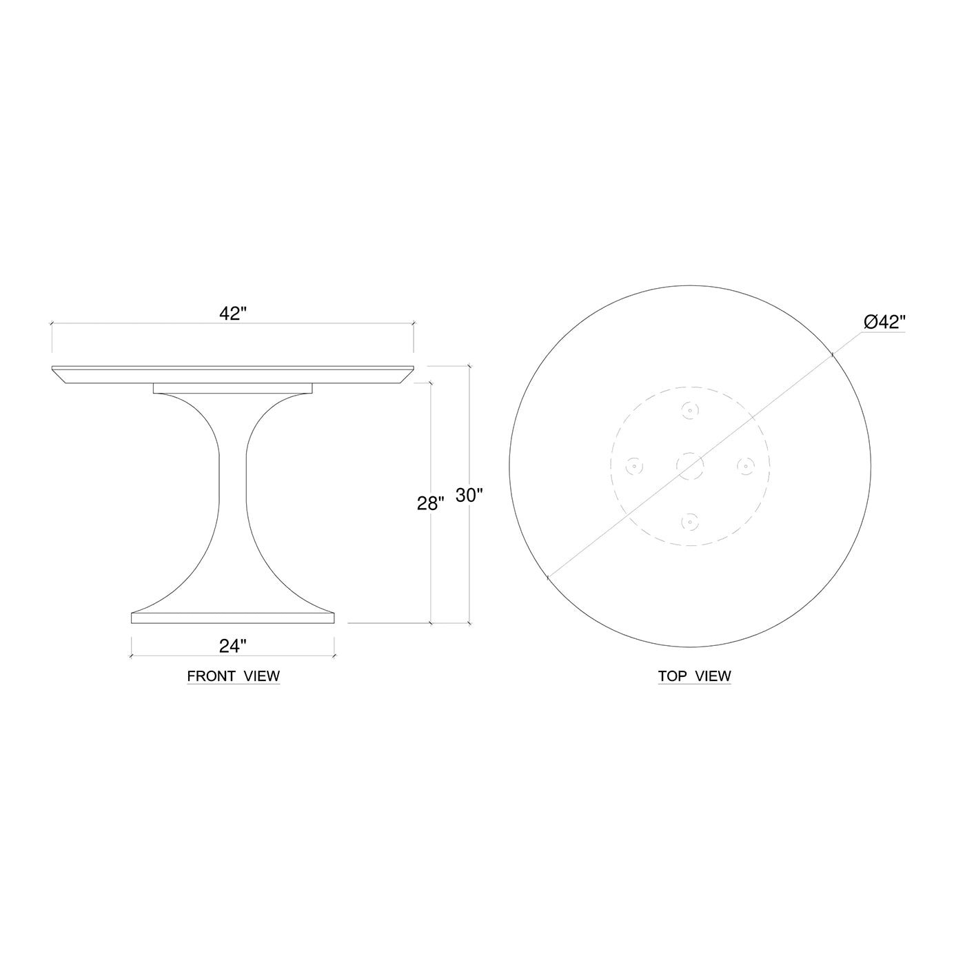 Design sketch of small tulip dining table dimensions.