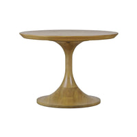 Wooden tulip dining table, side view, pedestal base.