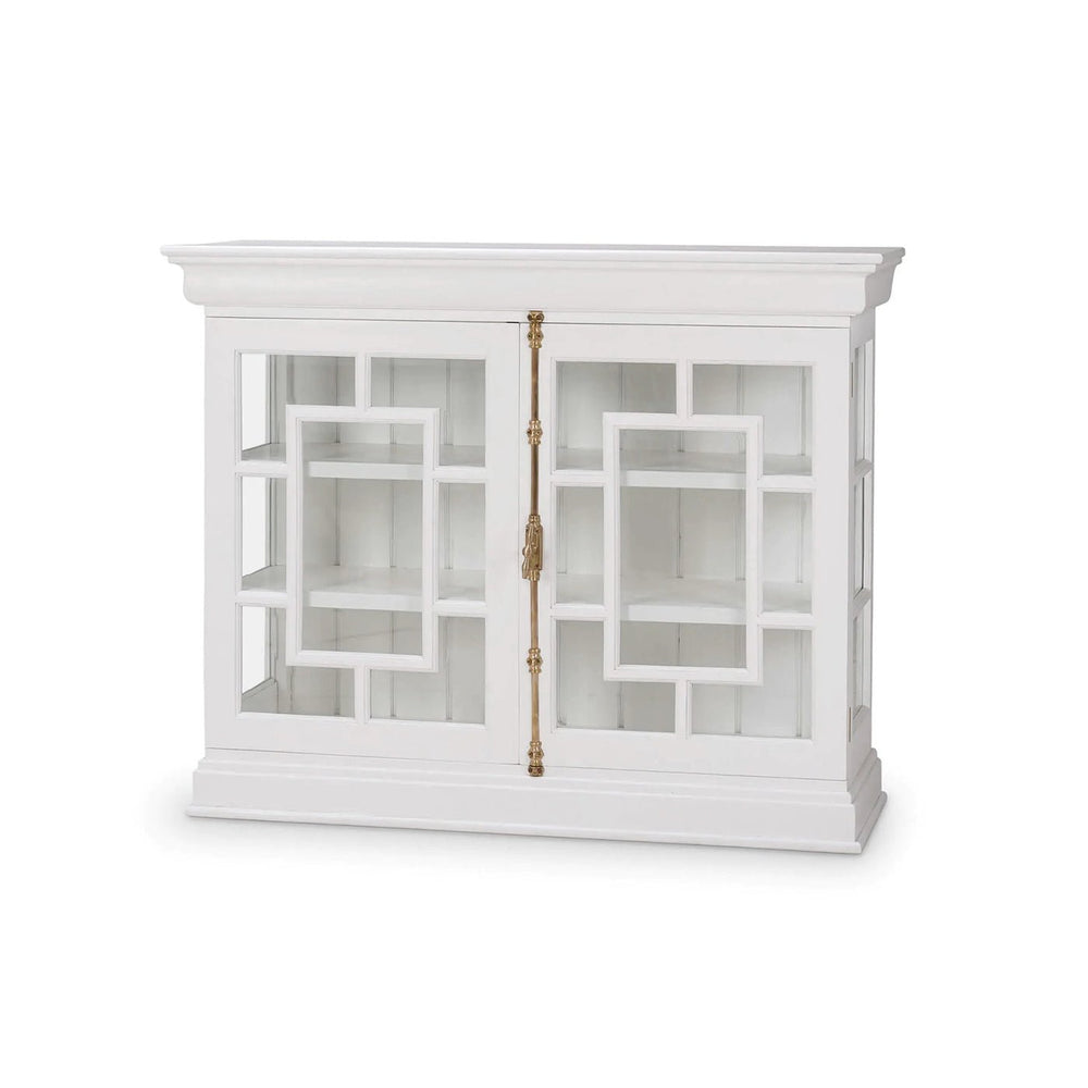 Small French Provincial white credenza front view with doors.