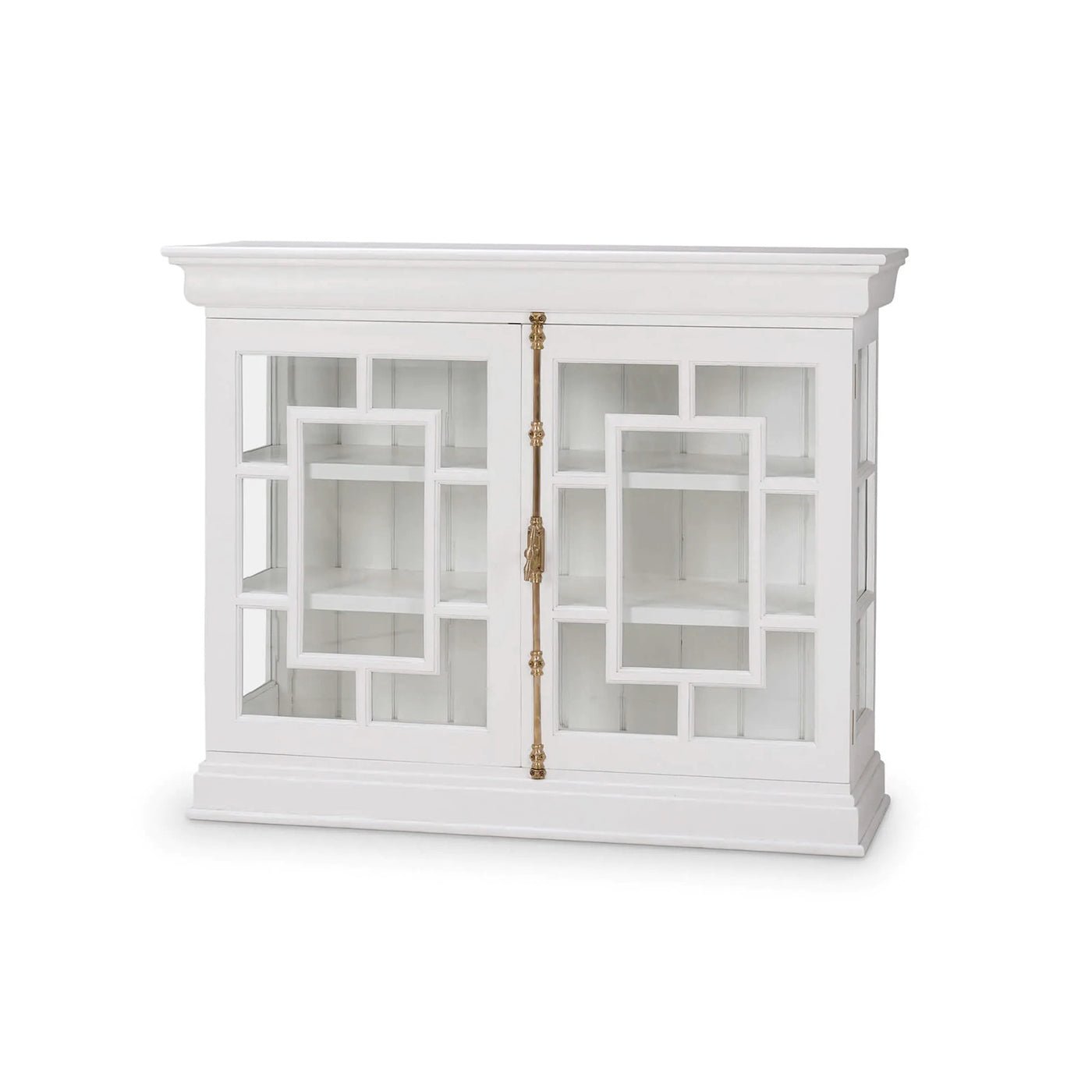 Small French Provincial white credenza front view with doors.