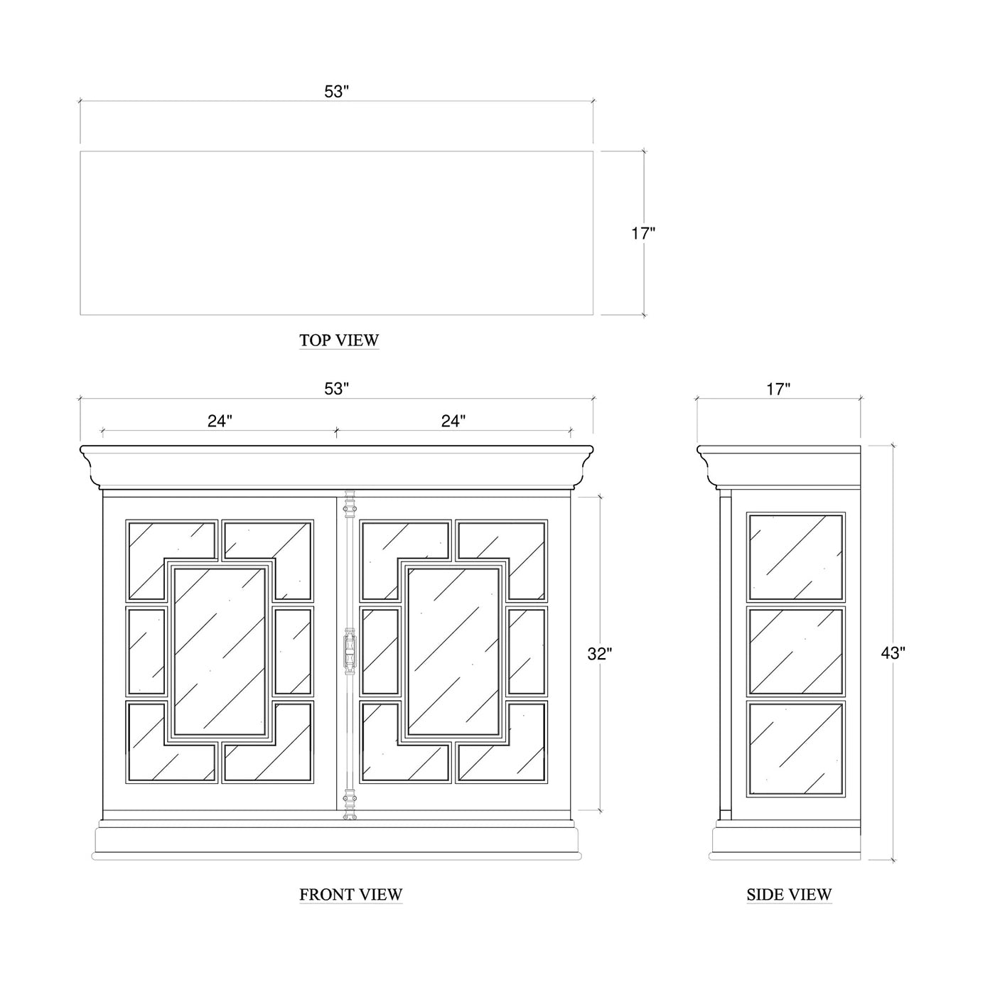 Dimensions sketch of small white credenza with measurements.