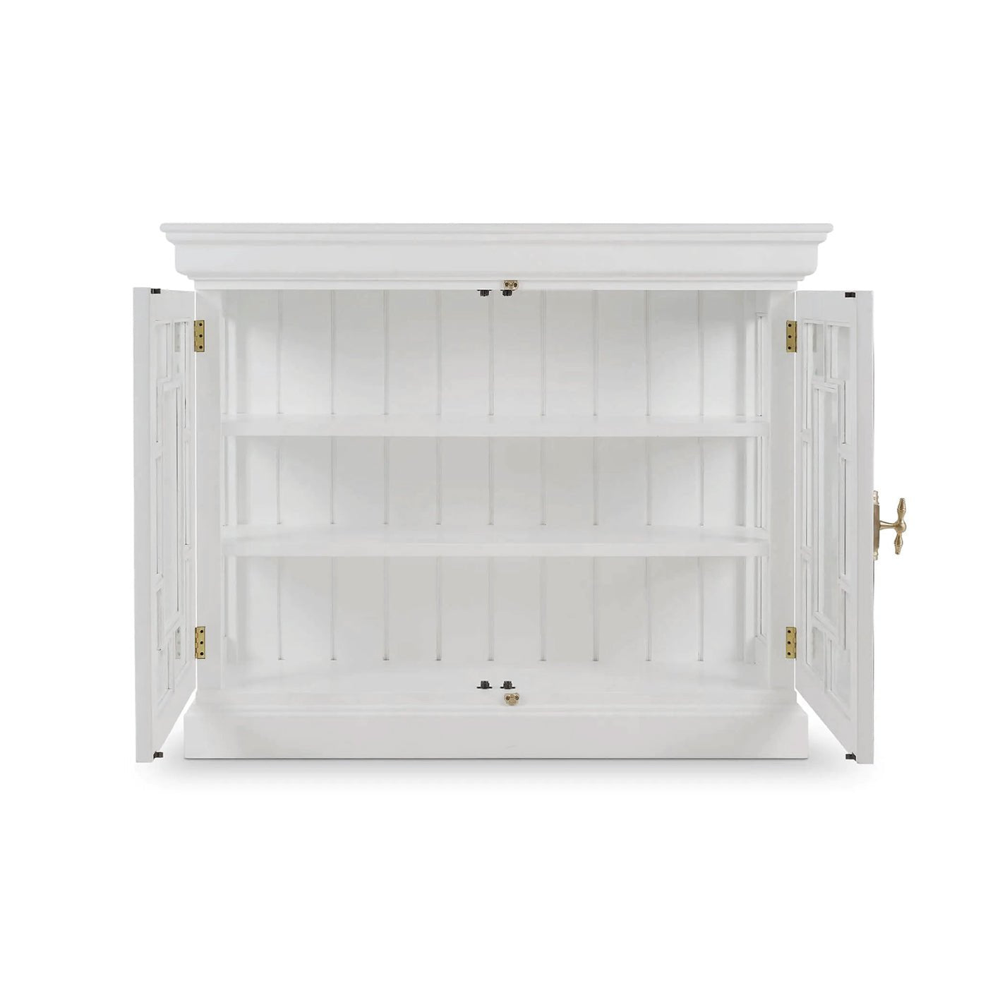 Open white credenza with empty shelves inside.