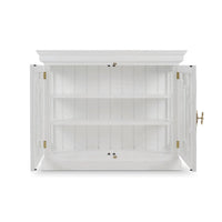 Open white credenza with empty shelves inside.