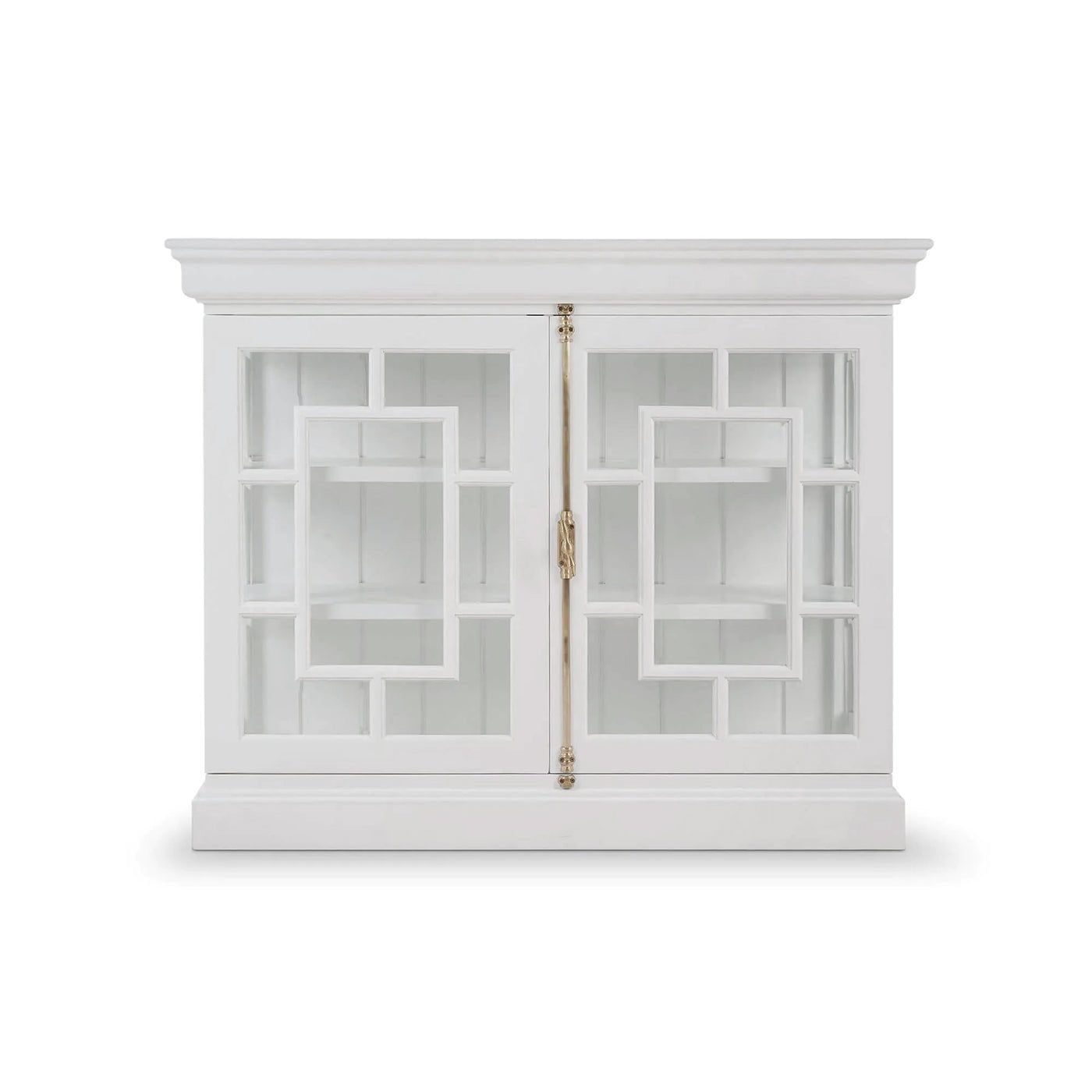 White credenza front view displaying geometric glass door design.
