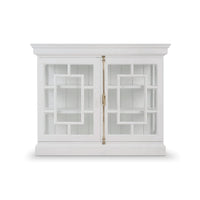 White credenza front view displaying geometric glass door design.