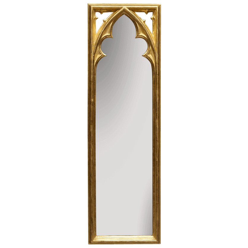 Tall gold framed Gothic mirror with arch design.