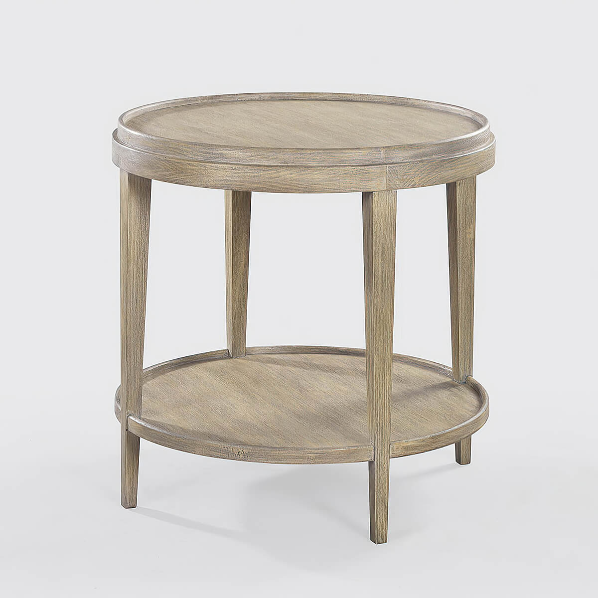 Full view of greyed classic round end table.