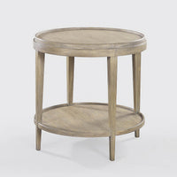 Full view of greyed classic round end table.