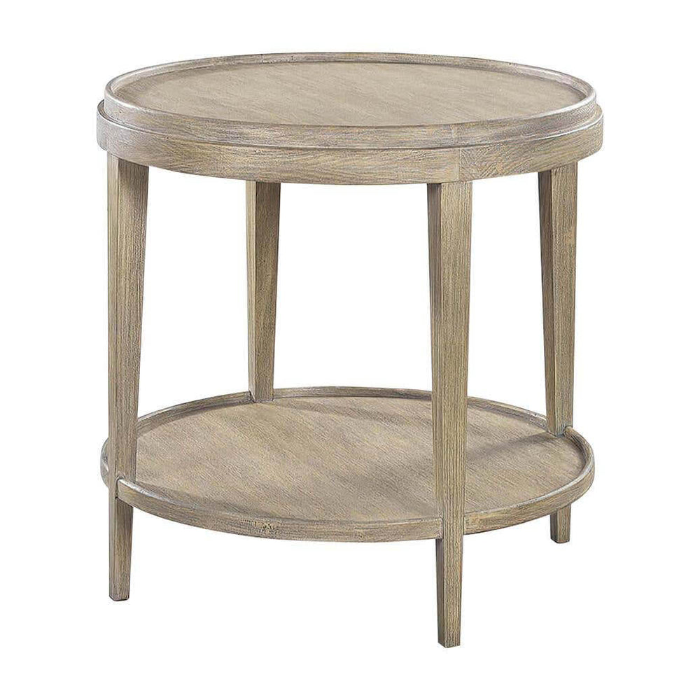 Small greyed classic round end table on display.