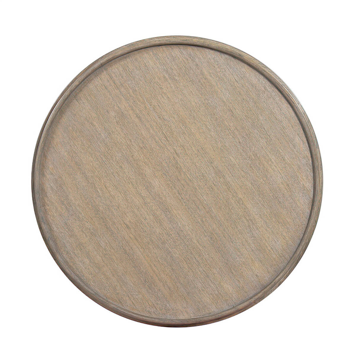 Top view of small greyed round end table surface.