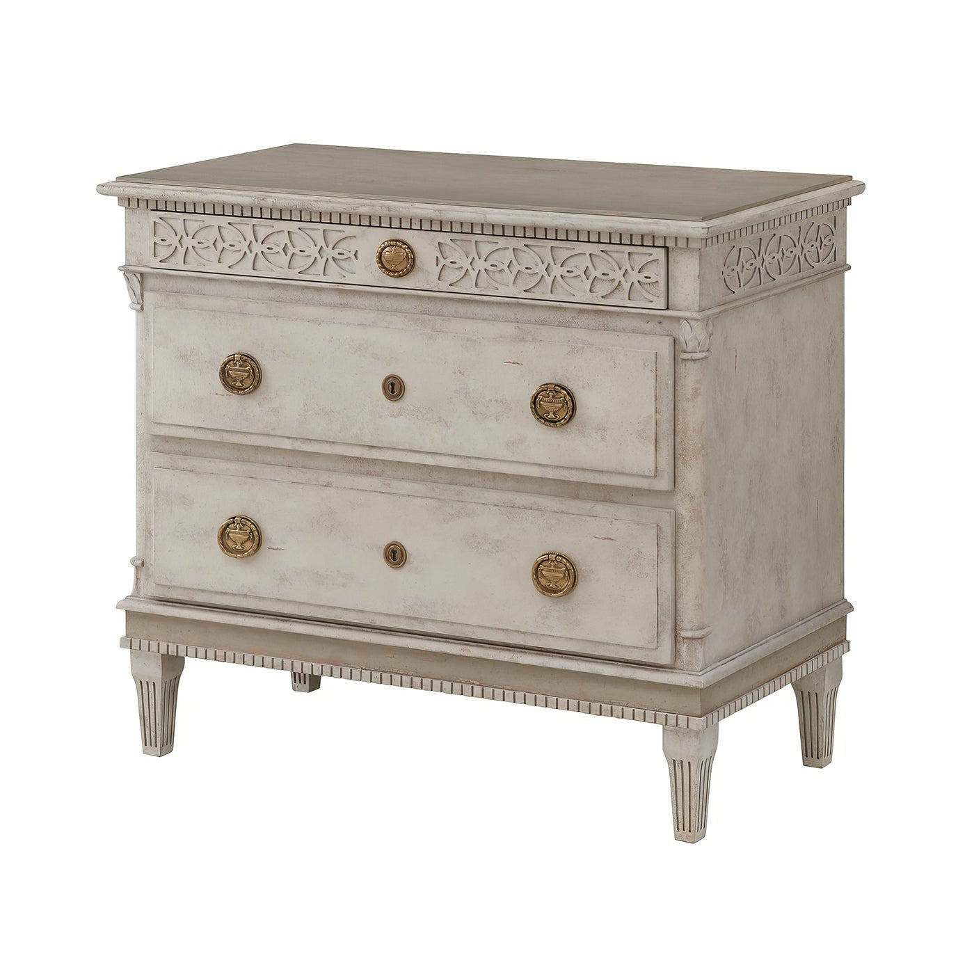 Gustavian style bedside chest with decorative details, angled view.