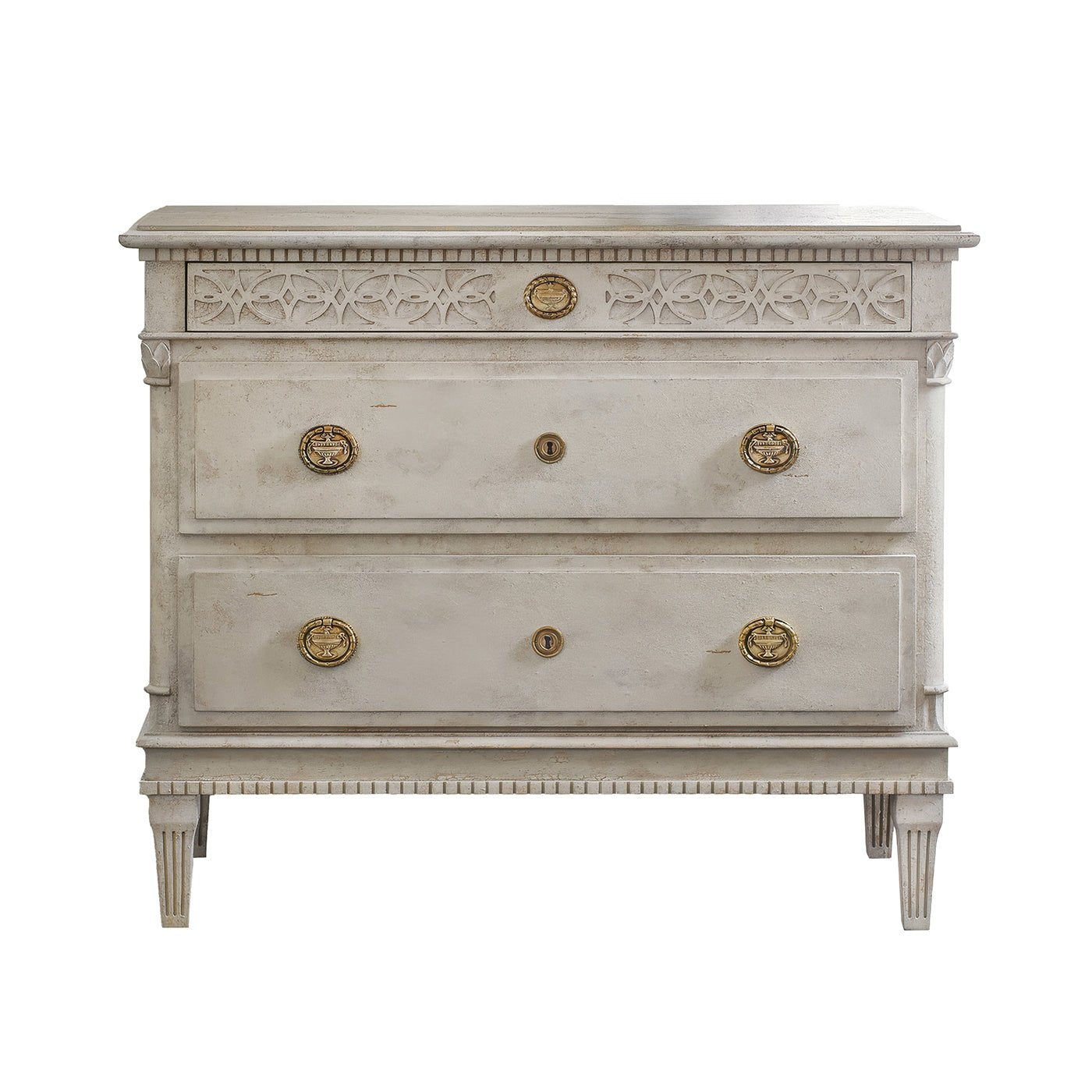 Front view of small Gustavian style bedside chest.