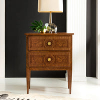 Small Louis XVI style burl nightstand with lamp on top.