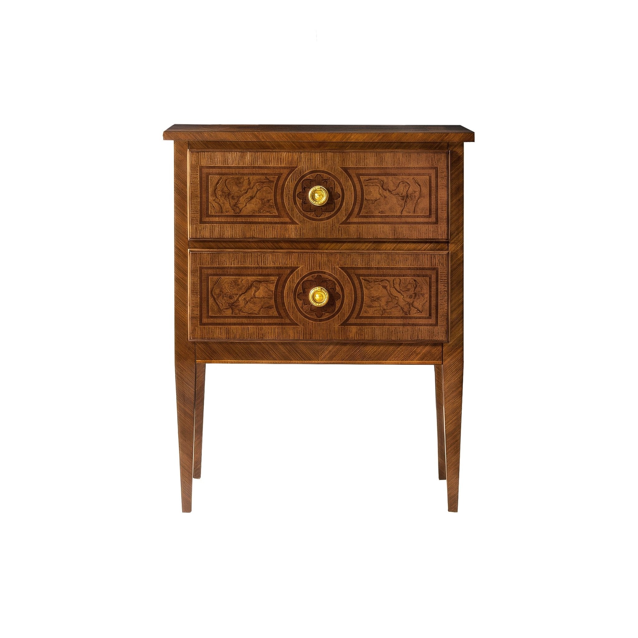 Small Louis XVI style burl nightstand, front view.