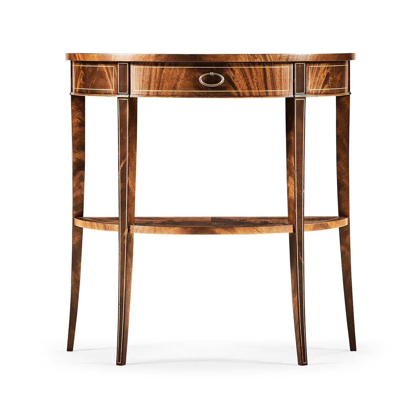 Front view of small mahogany console table.