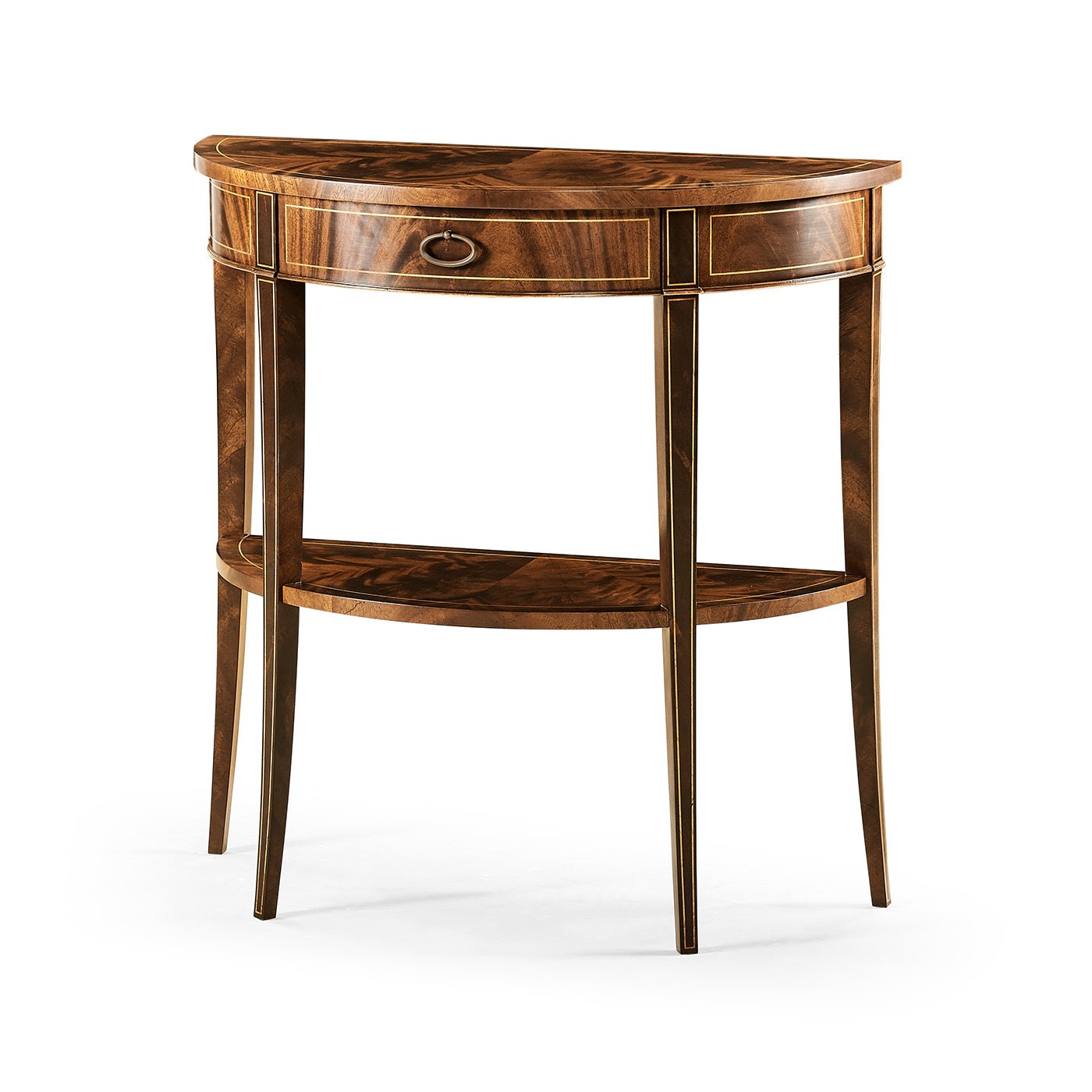 Angled view of small mahogany console table.