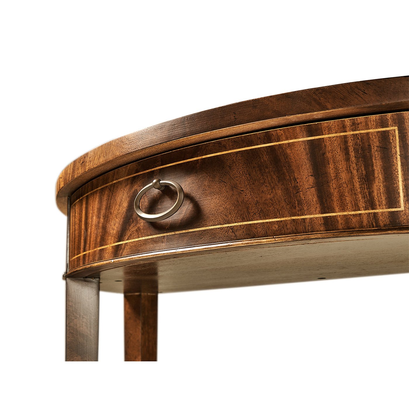 Detail of small mahogany console table drawer handle.