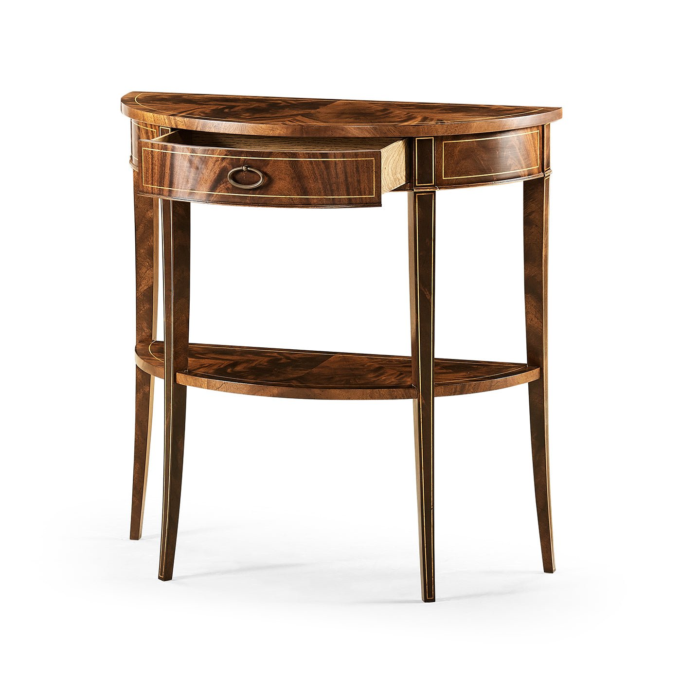 Small mahogany console table with open drawer.
