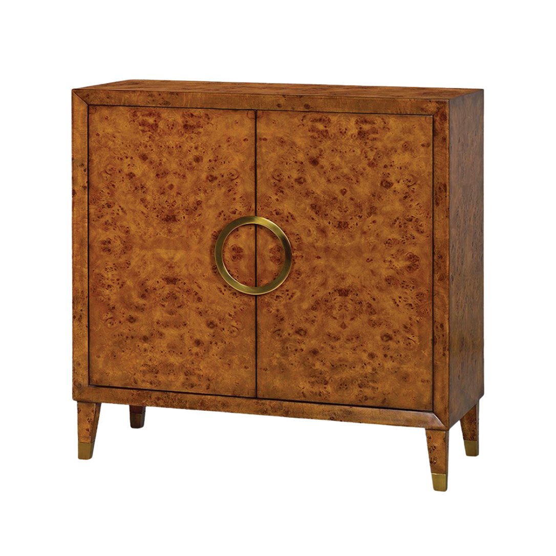 Small Mid-Century Burl Cabinet front view with ring handle.