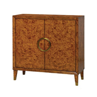 Small Mid-Century Burl Cabinet front view with ring handle.