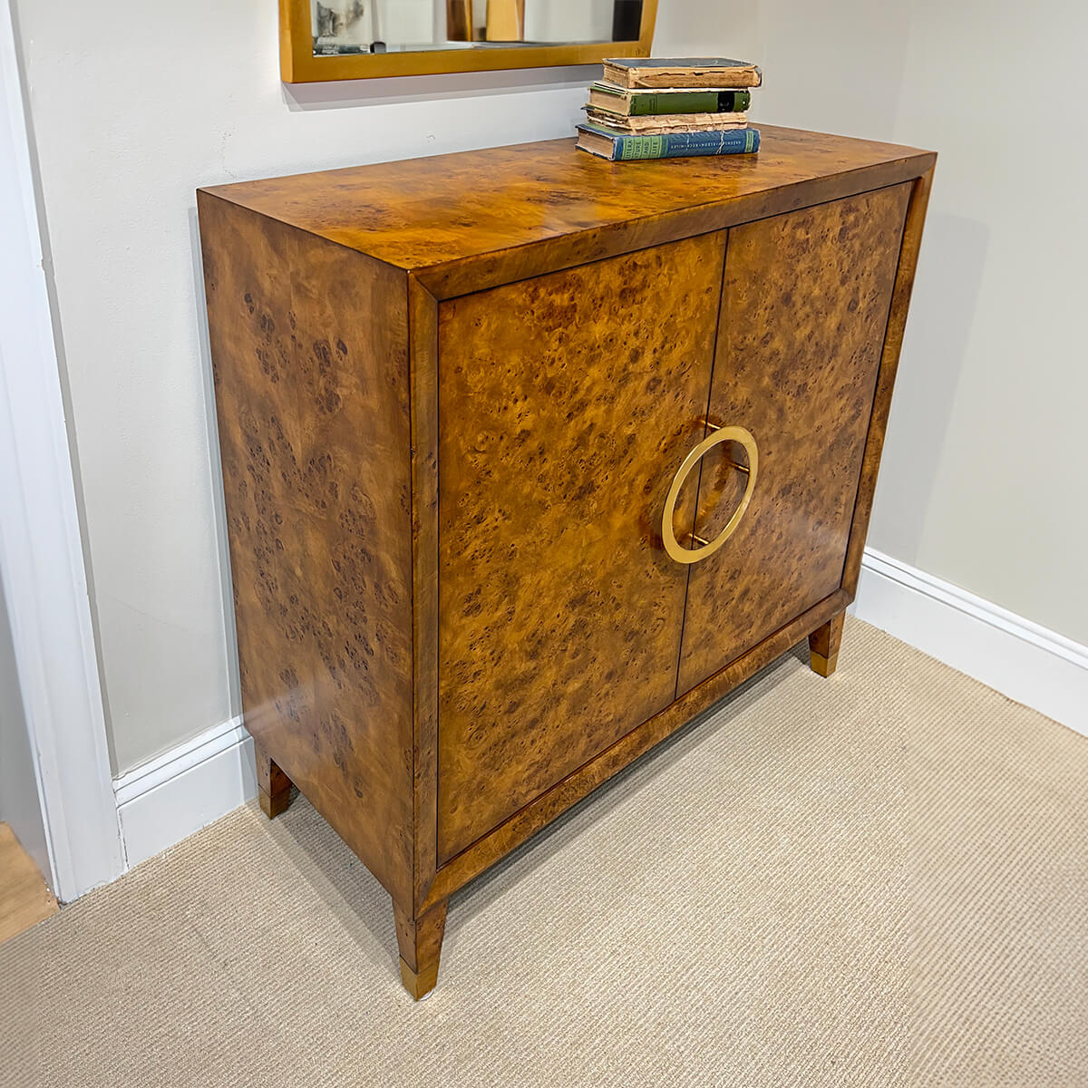 Side angle of Small Mid-Century Burl Cabinet.