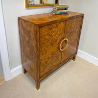 Side angle of Small Mid-Century Burl Cabinet.