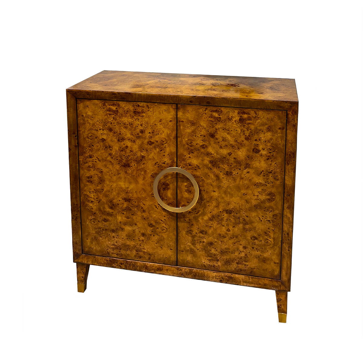 Small Mid-Century Burl Cabinet front view.