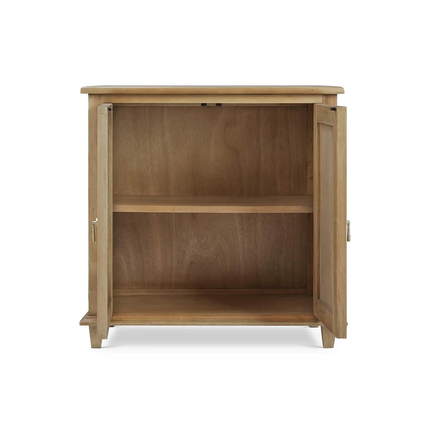 Open cabinet showing interior shelves, fruitwood finish.
