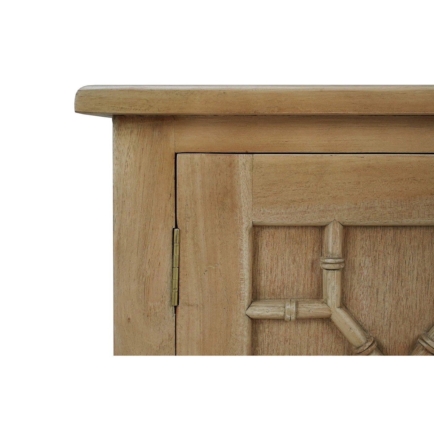 Close-up of cabinet corner and hinge, fruitwood detail.