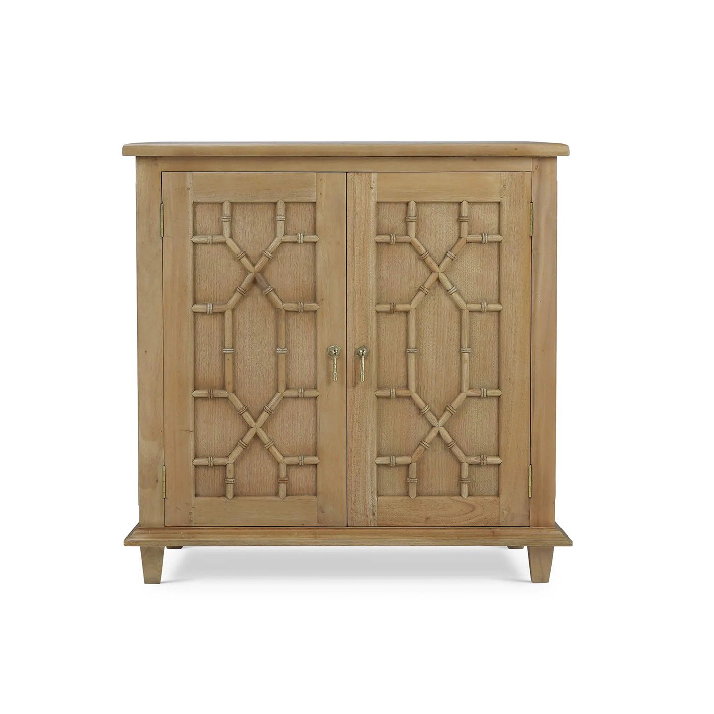 Straight-on view of cabinet doors with decorative design.